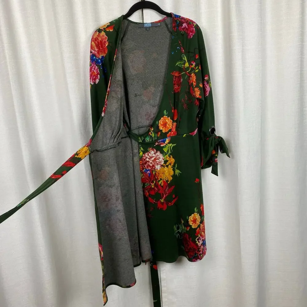 Anthropologie Eva Franco Green Floral Dahlia Wrap Mini Dress Sz.S - Picture 5 of 15